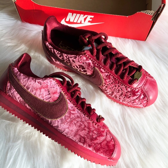 burgundy nike cortez velvet